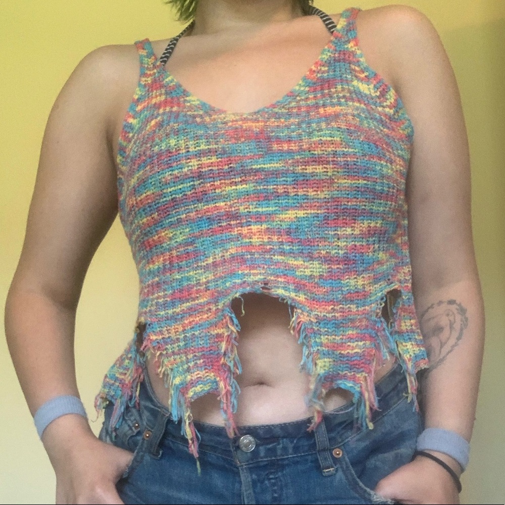 medium rainbow distressed knit crop top from shein